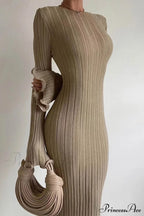 Ribbed Knit Dress with Long Flare Sleeves and Backless Design image 1