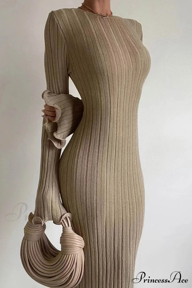 Ribbed Knit Dress with Long Flare Sleeves and Backless Design image 1