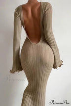 Ribbed Knit Dress with Long Flare Sleeves and Backless Design image 4