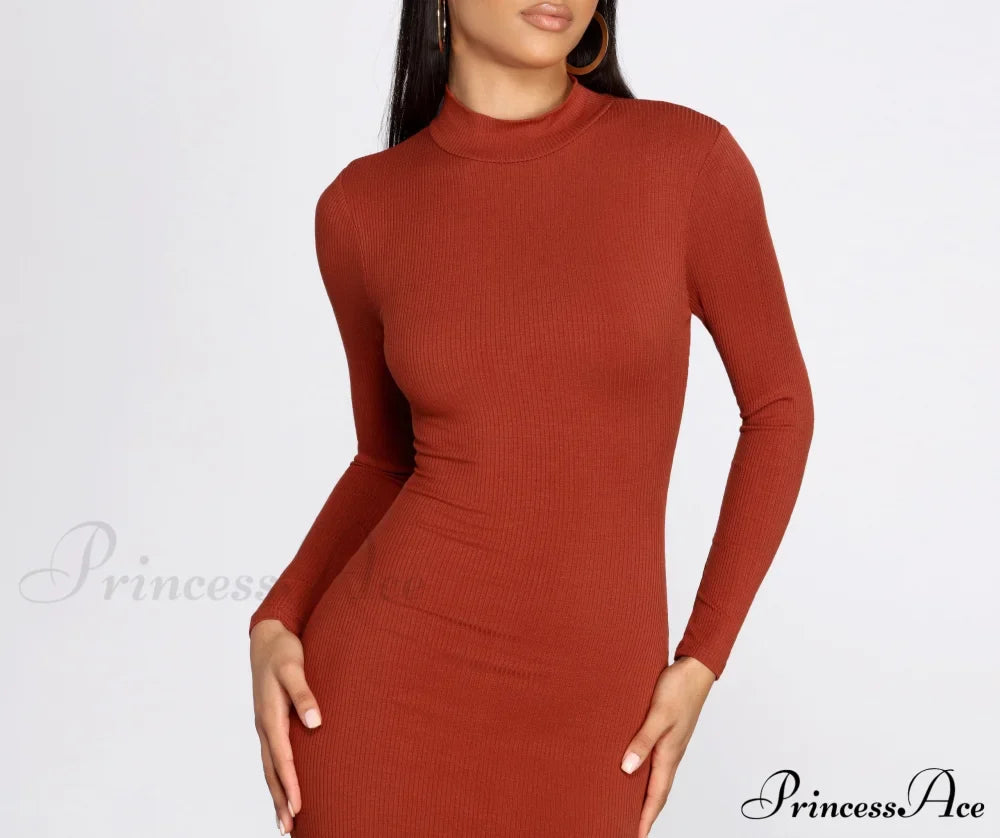 Ribbed Knit Mock Charming Neck Mini Dress image 8
