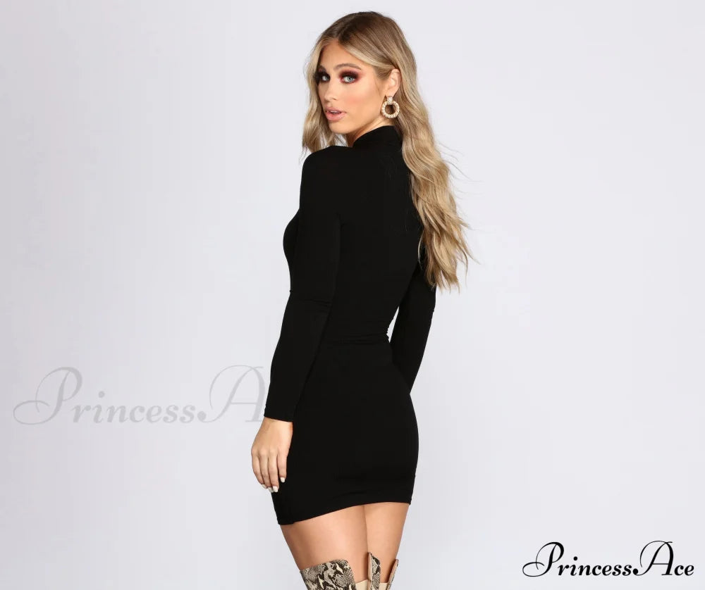 Ribbed Knit Mock Charming Neck Mini Dress image 2
