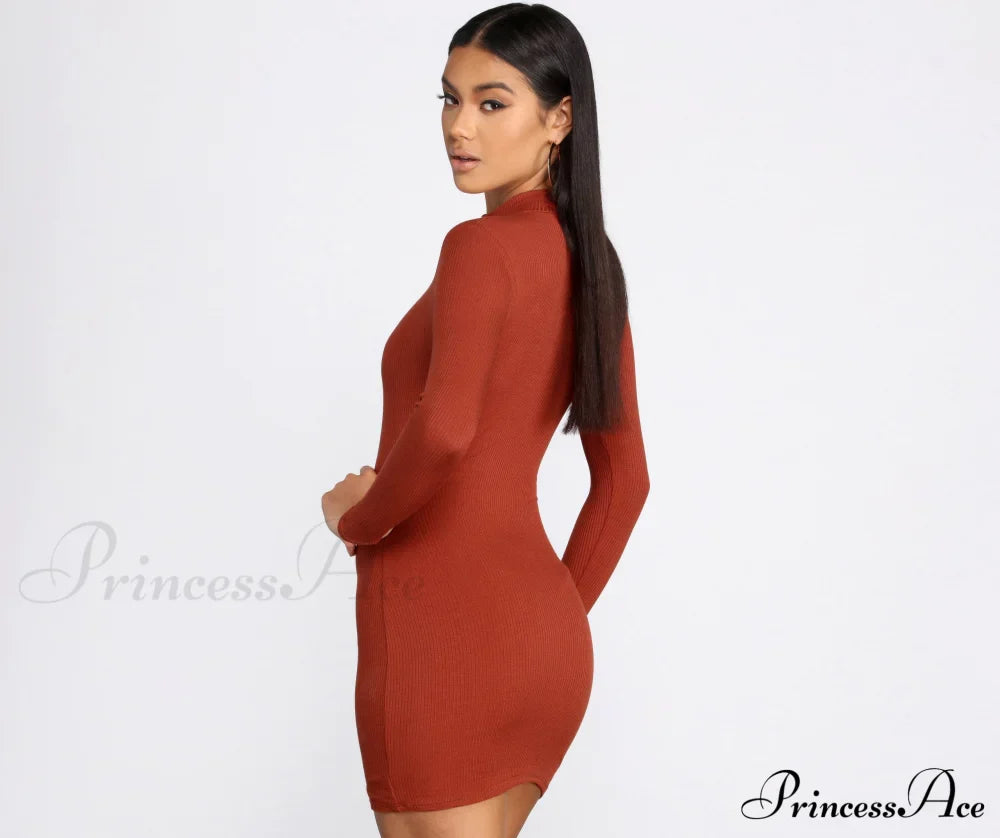 Ribbed Knit Mock Charming Neck Mini Dress image 6