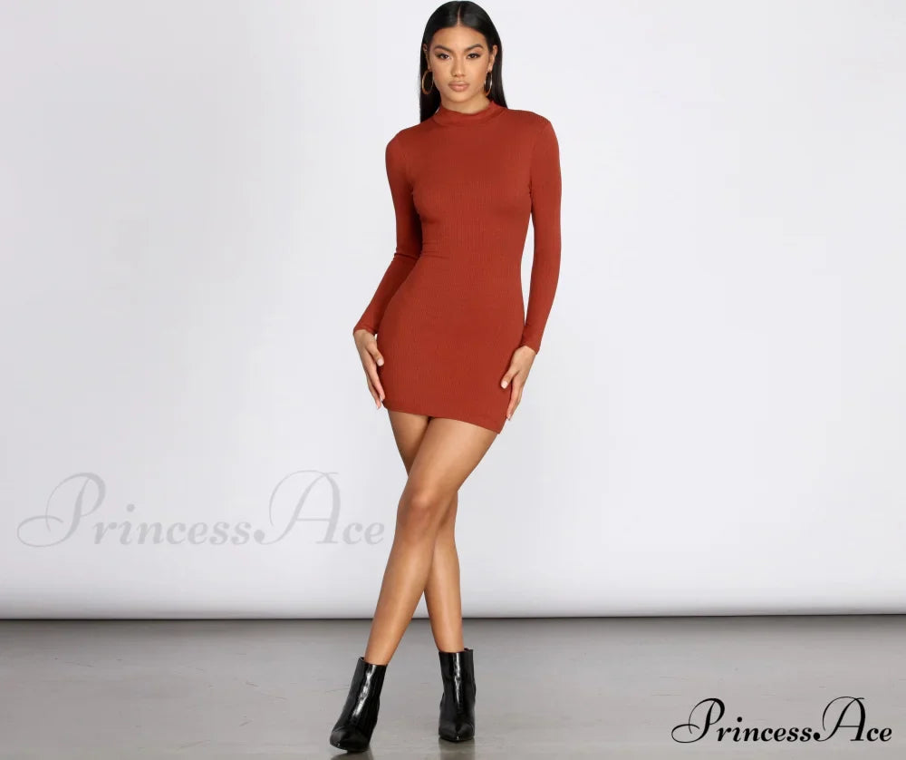 Ribbed Knit Mock Charming Neck Mini Dress image 7