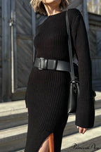Ribbed Knit Side Slit Dress with Contrast image 9