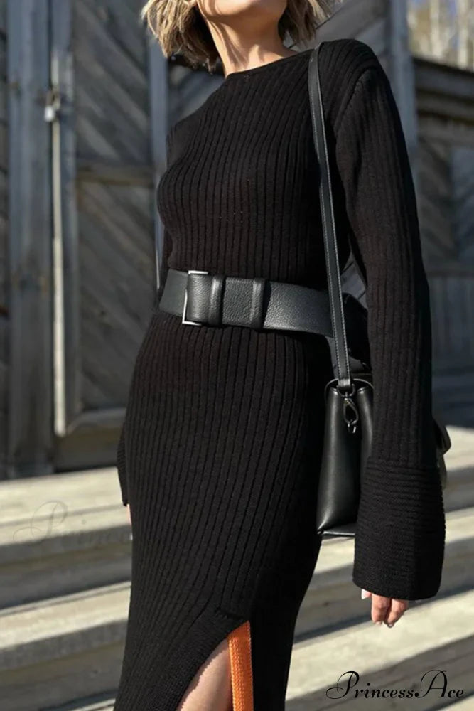 Ribbed Knit Side Slit Dress with Contrast image 9