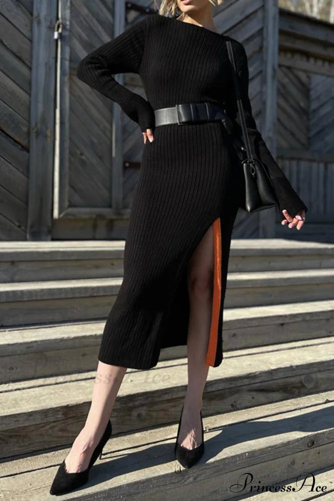 Ribbed Knit Side Slit Dress with Contrast image 7