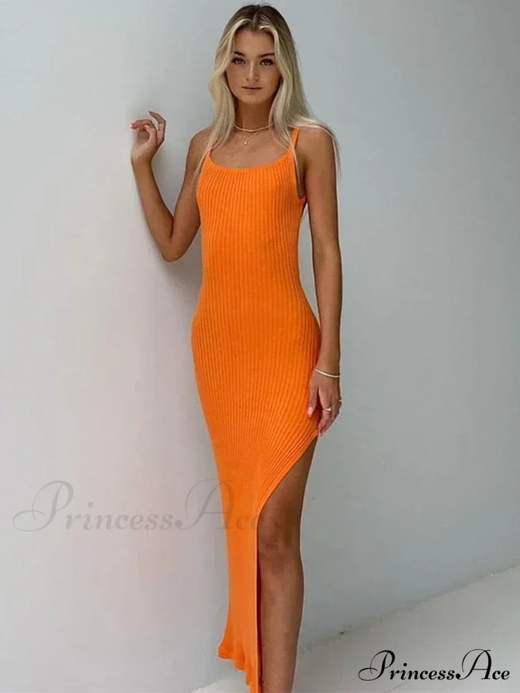 Ribbed Knitted Backless Split Summer Sleeveless Straps Sexy Midi Dress image 2