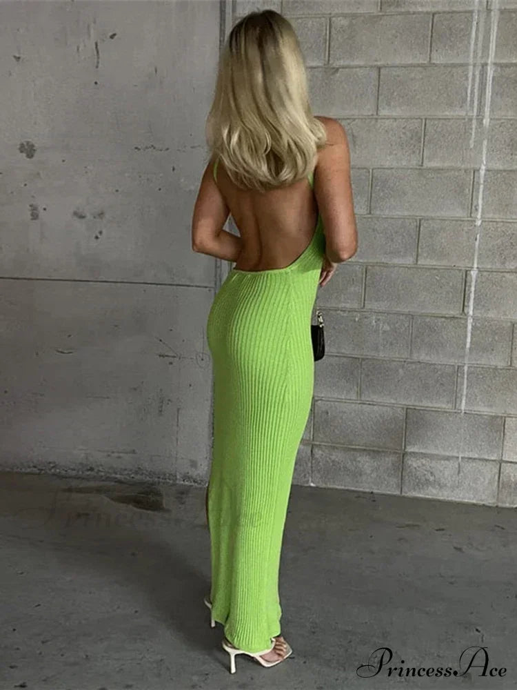 Ribbed Knitted Backless Split Summer Sleeveless Straps Sexy Midi Dress image 4