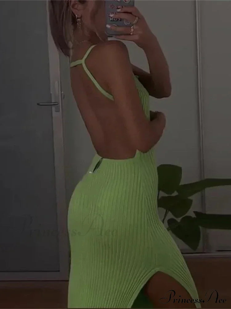 Ribbed Knitted Backless Split Summer Sleeveless Straps Sexy Midi Dress image 5
