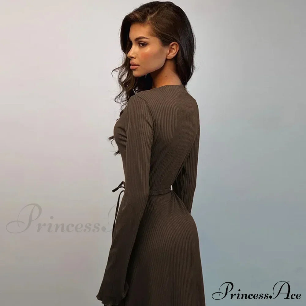 Ribbed Knitted Tie-detailed Fashionable Club-ready Birthday Autumnal Maxi Dress image 3