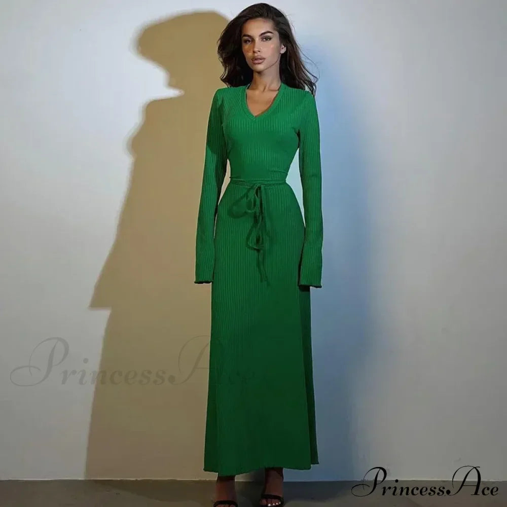 Ribbed Knitted Tie-detailed Fashionable Club-ready Birthday Autumnal Maxi Dress image 4