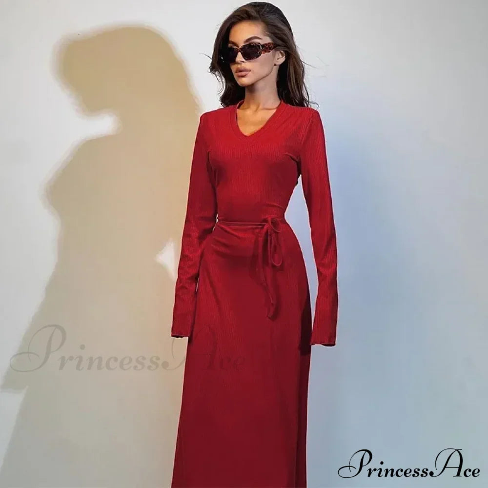 Ribbed Knitted Tie-detailed Fashionable Club-ready Birthday Autumnal Maxi Dress image 6