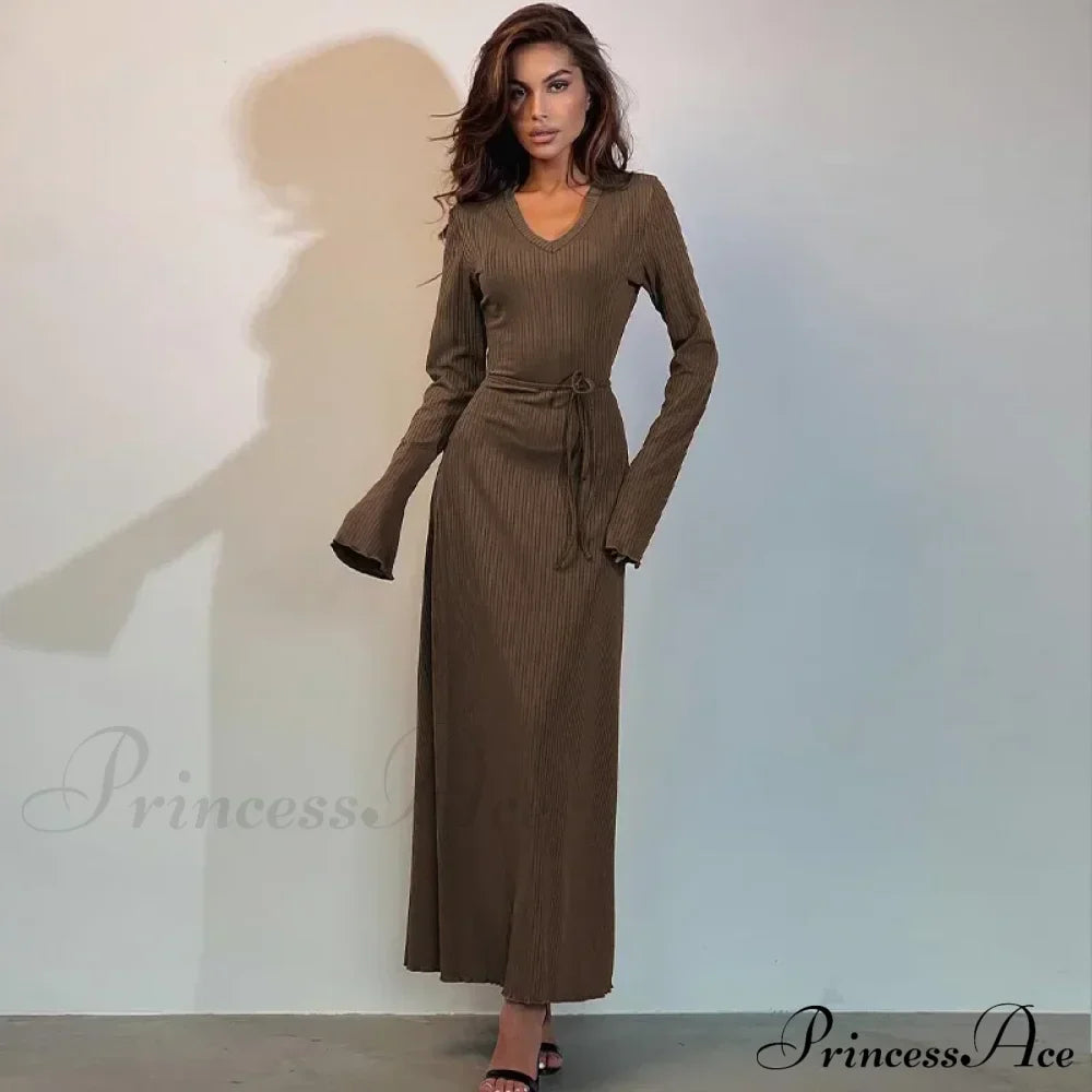 Ribbed Knitted Tie-detailed Fashionable Club-ready Birthday Autumnal Maxi Dress image 1