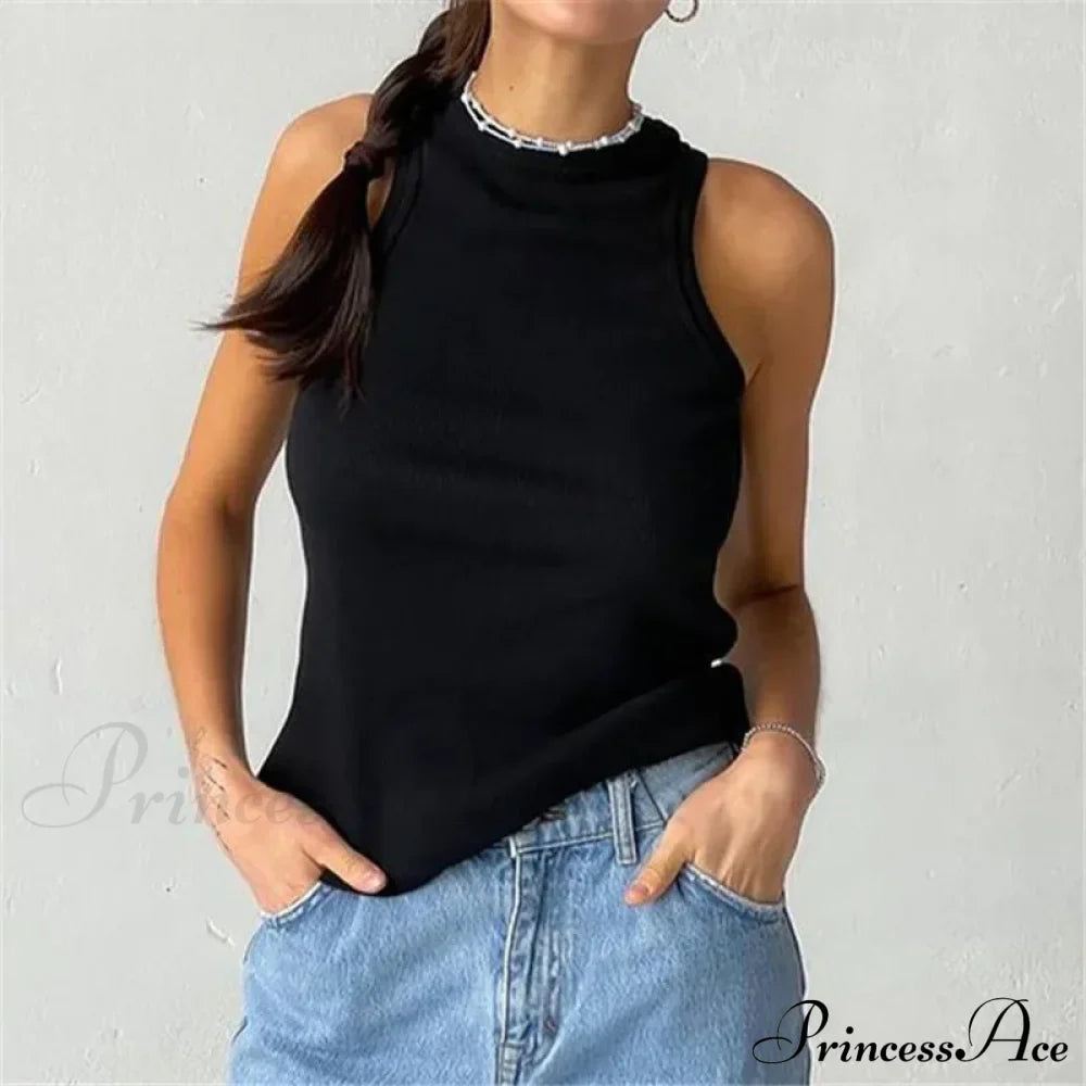 Ribbed Knitteds Neck Summer Shirts White Black Casual Sport Vest Off Shoulder Green Women's Tank top image 6