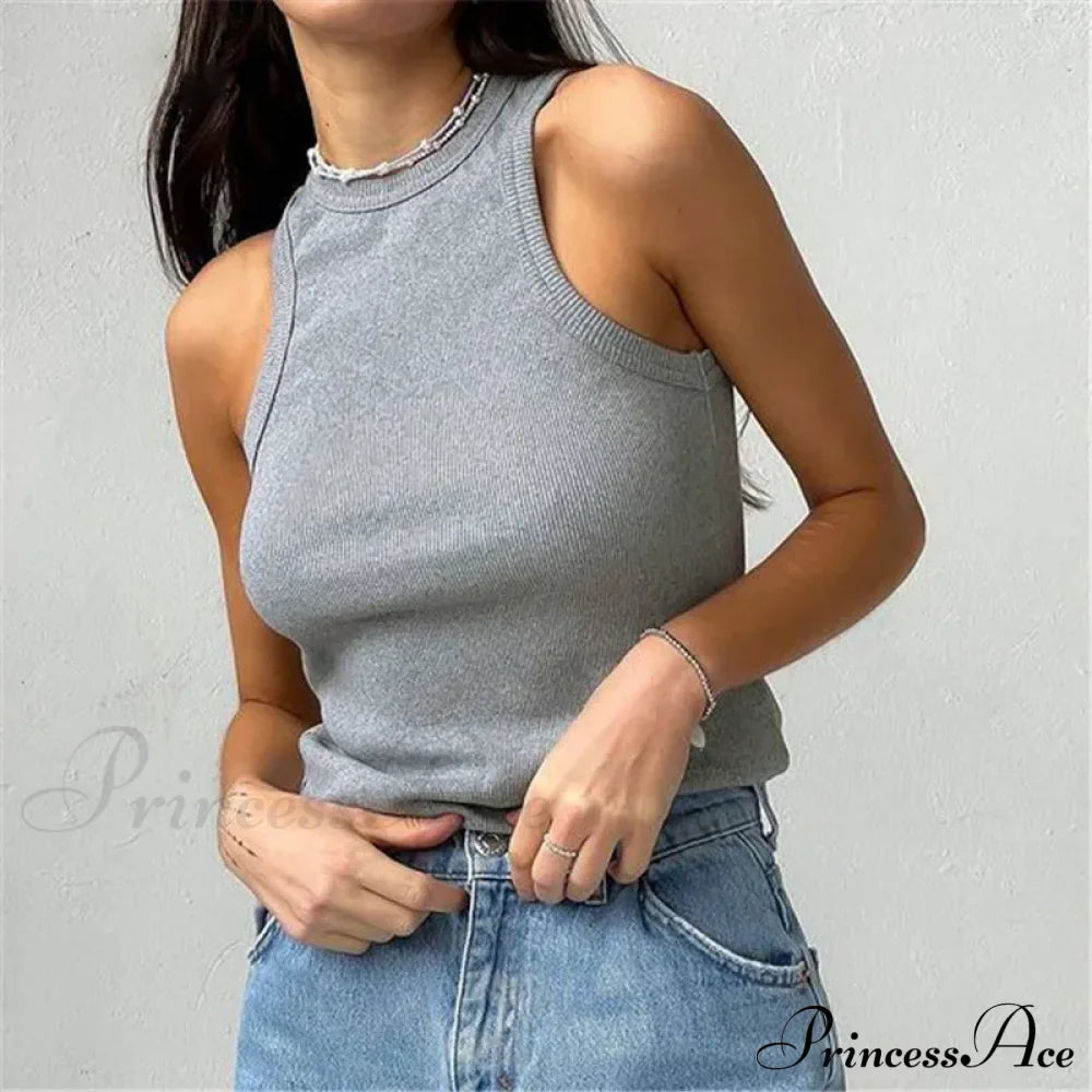 Ribbed Knitteds Neck Summer Shirts White Black Casual Sport Vest Off Shoulder Green Women's Tank top image 3
