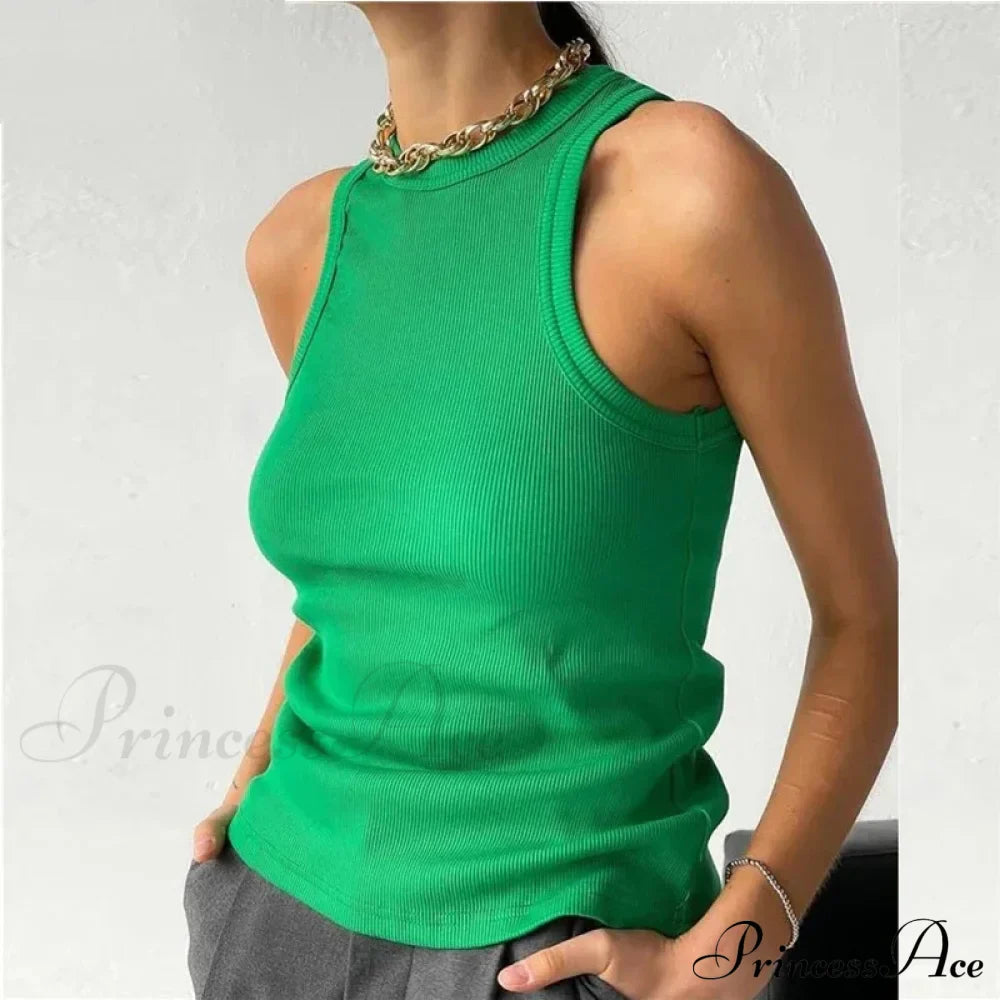 Ribbed Knitteds Neck Summer Shirts White Black Casual Sport Vest Off Shoulder Green Women's Tank top image 1