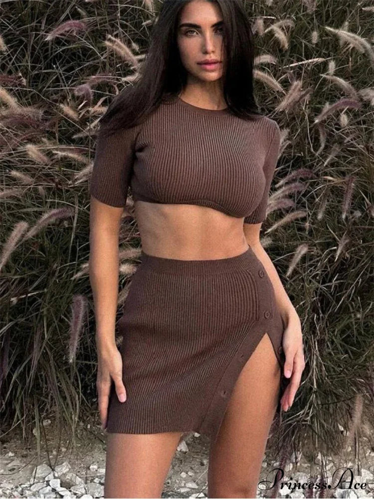 Ribbed Short Sleeve Cropped Knit Trendy Pullover Sweater And Mini Skirt Sets image 7