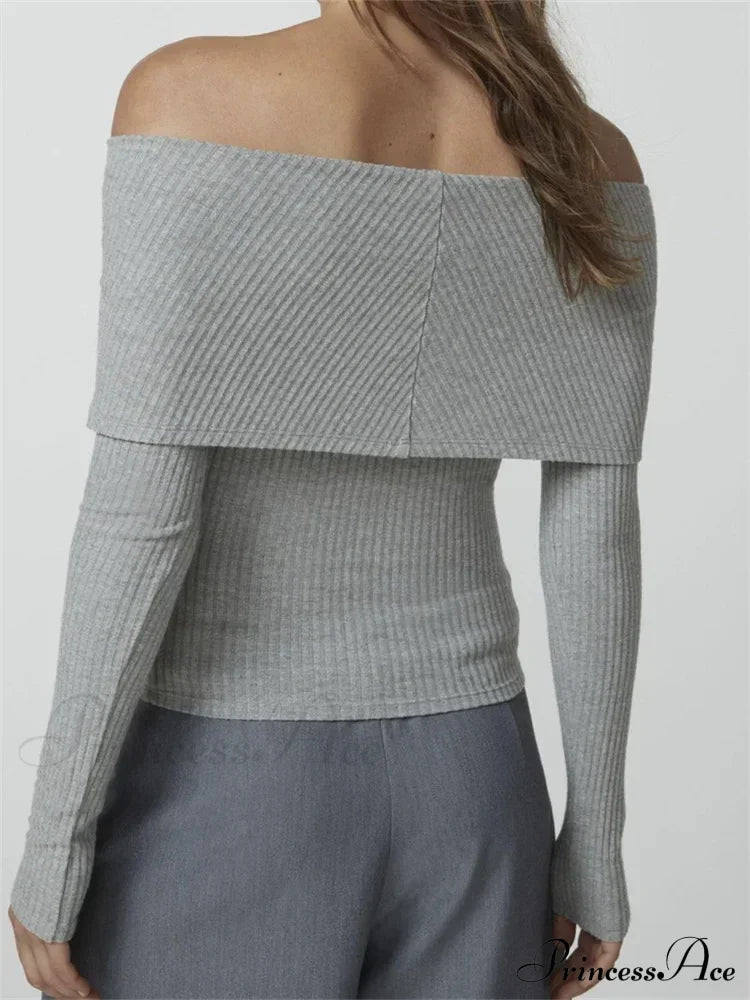 Ribbed Slash Neck Off Shoulder Casual Long Sleeve T-Shirts image 5