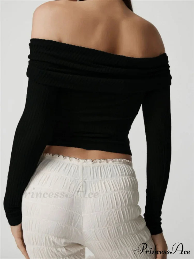 Ribbed Slash Neck Off Shoulder Casual Long Sleeve T-Shirts image 4