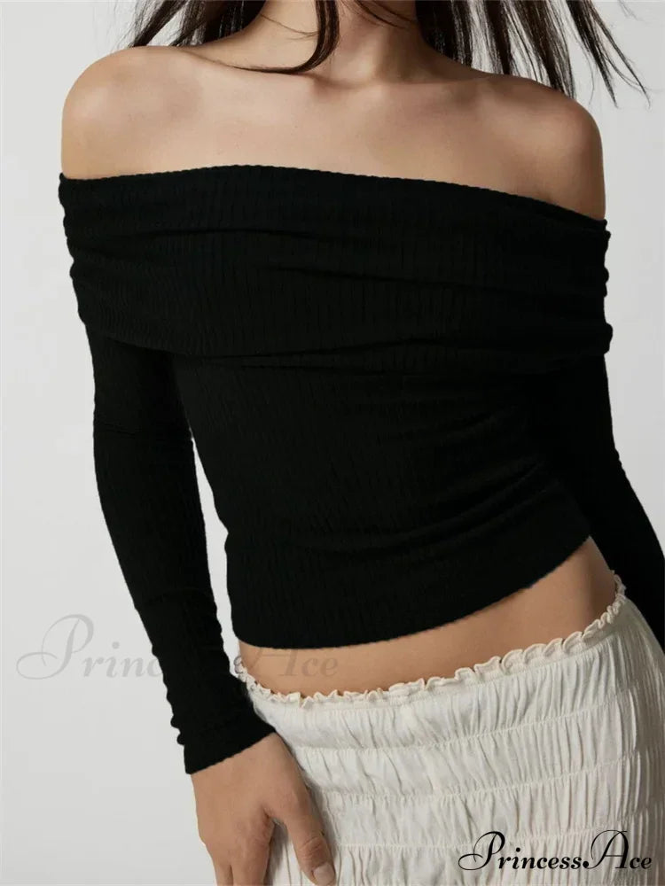 Ribbed Slash Neck Off Shoulder Casual Long Sleeve T-Shirts image 3