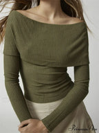 Ribbed Slash Neck Off Shoulder Casual Long Sleeve T-Shirts image 1