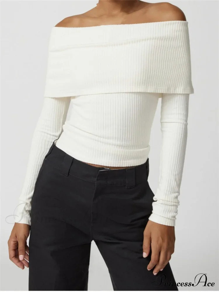 Ribbed Slash Neck Off Shoulder Casual Long Sleeve T-Shirts image 2