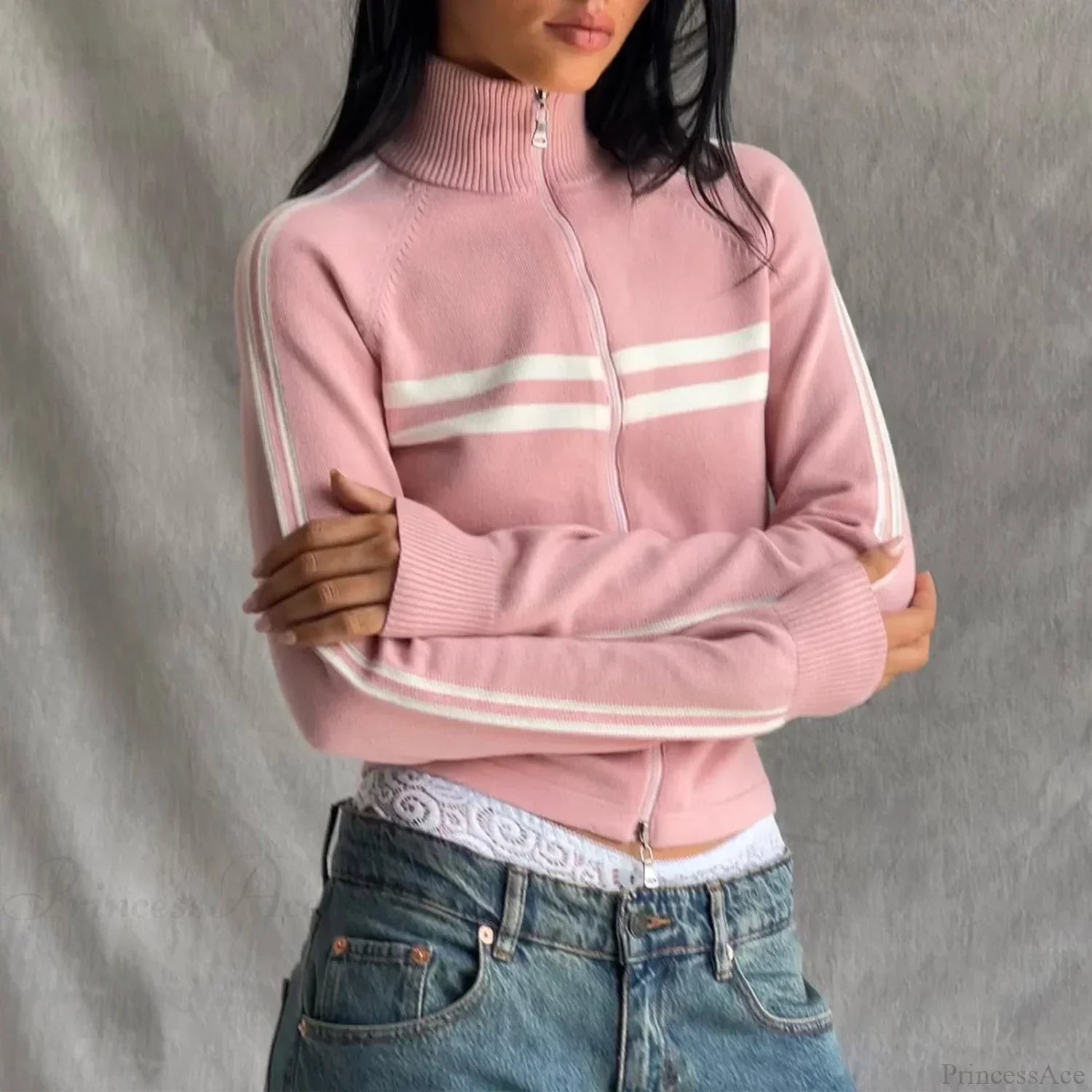 Ribbed Stripe Stylish Zipper Pullover Jacket image 1