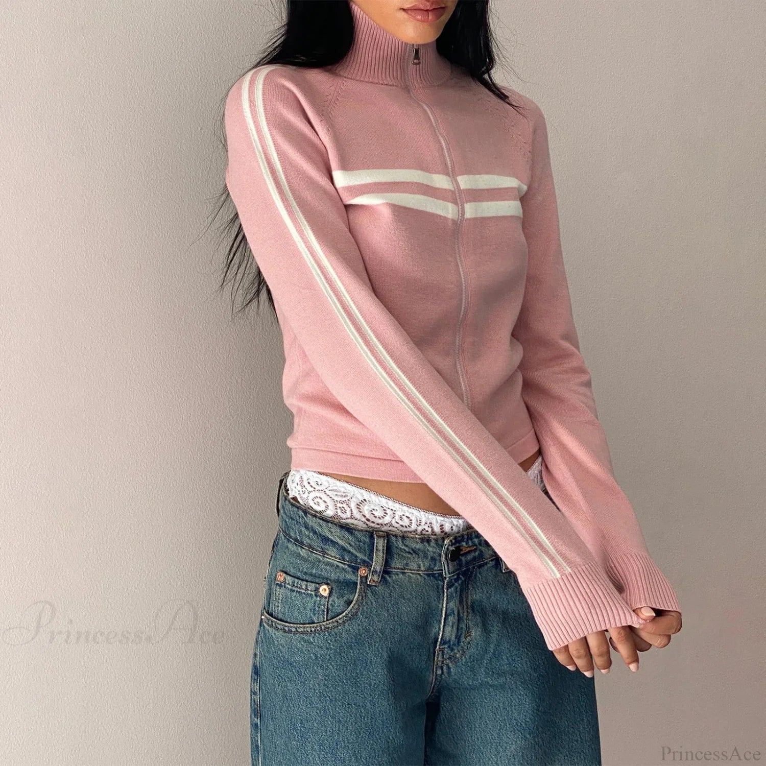 Ribbed Stripe Stylish Zipper Pullover Jacket image 4