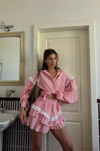 Romantic Lace Trim Plaid Two Piece Set image 9