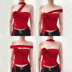 Rose Bandage Off Shoulder Halter Backless Bare Midriff Tube Crop Top image 3