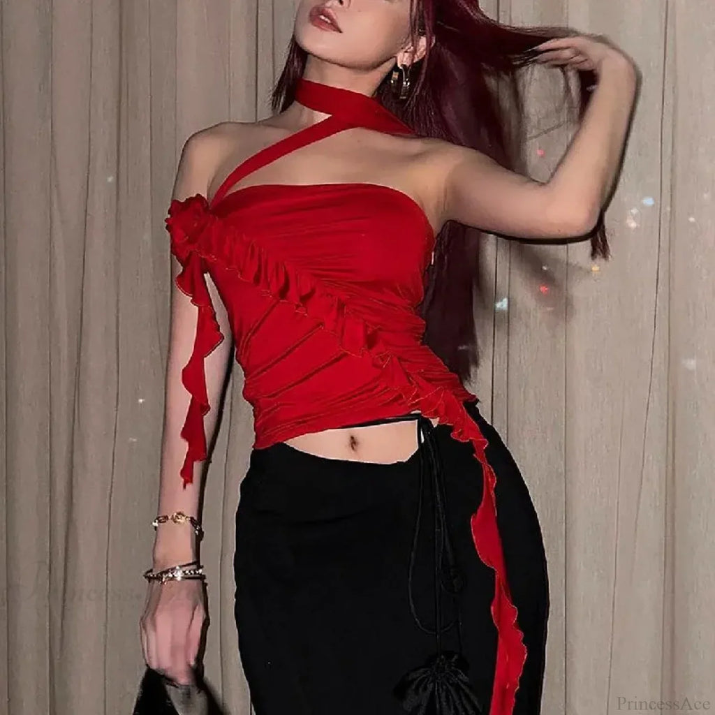 Rose Bandage Off Shoulder Halter Backless Bare Midriff Tube Crop Top image 2