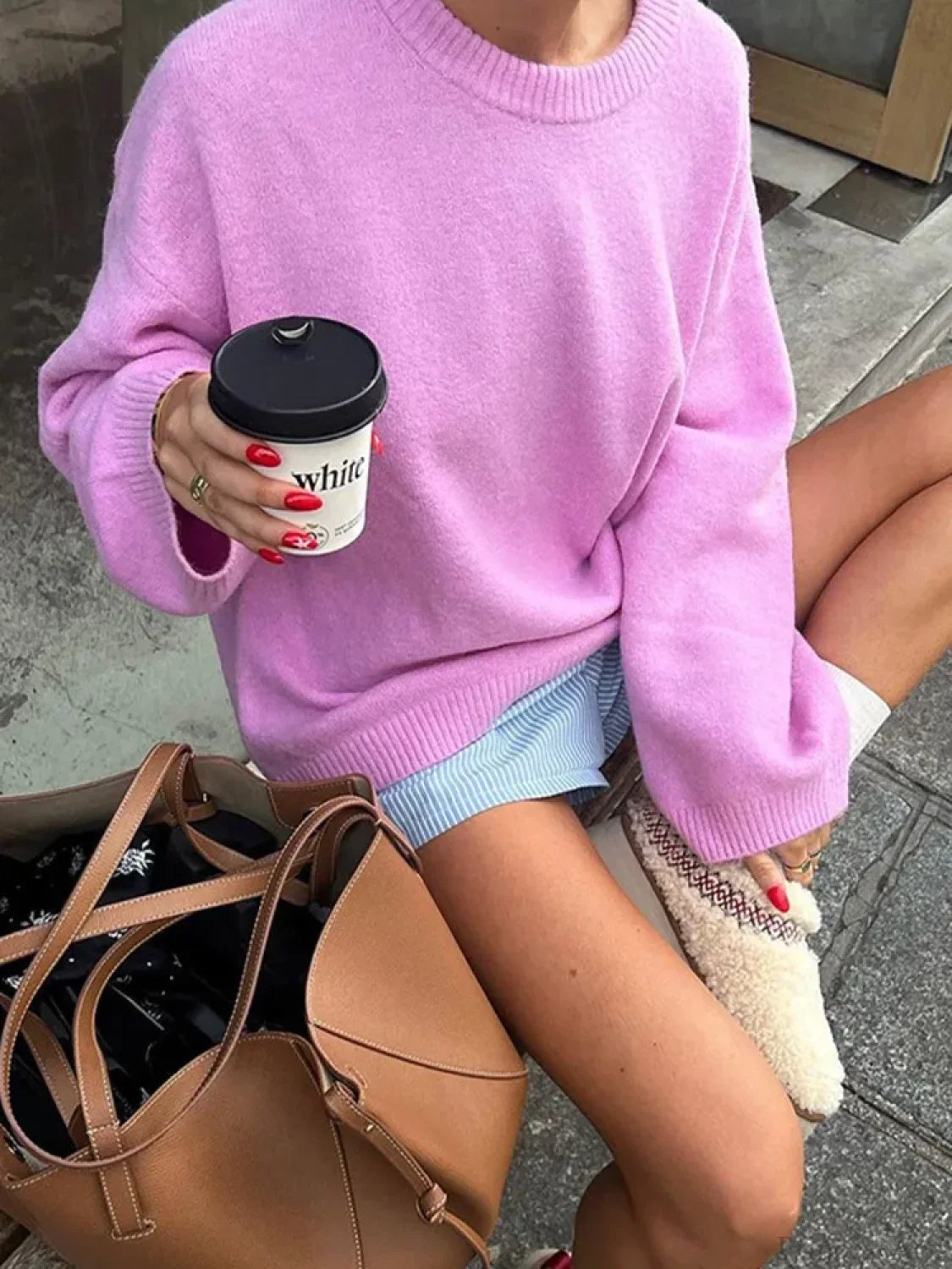Rose Pink O - neck Lantern Sleeve Sweater image 3