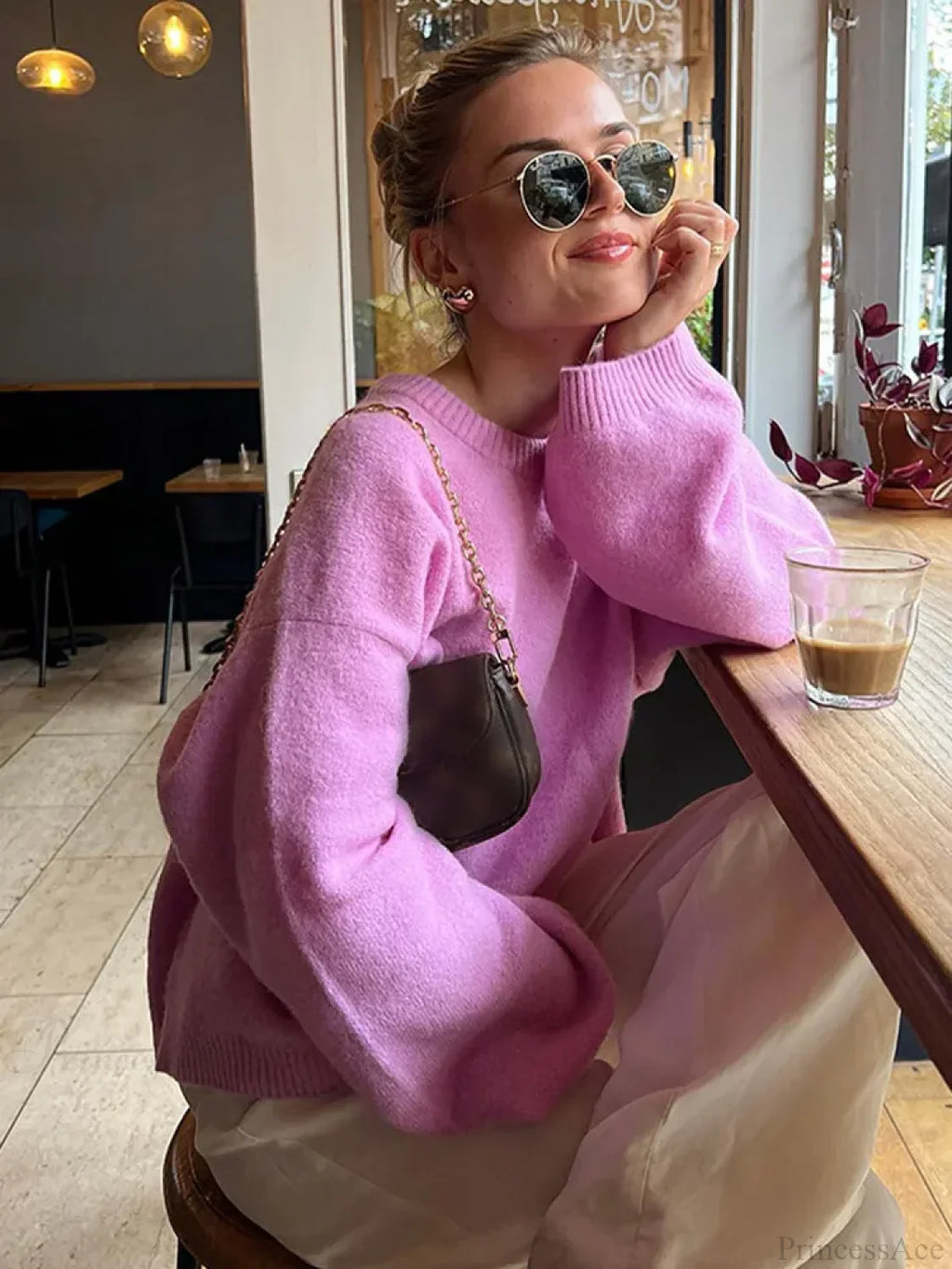 Rose Pink O - neck Lantern Sleeve Sweater image 1