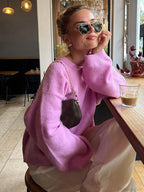 Rose Pink O - neck Lantern Sleeve Sweater image 1