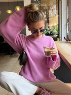 Rose Pink O - neck Lantern Sleeve Sweater image 2