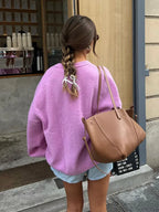 Rose Pink O - neck Lantern Sleeve Sweater image 4
