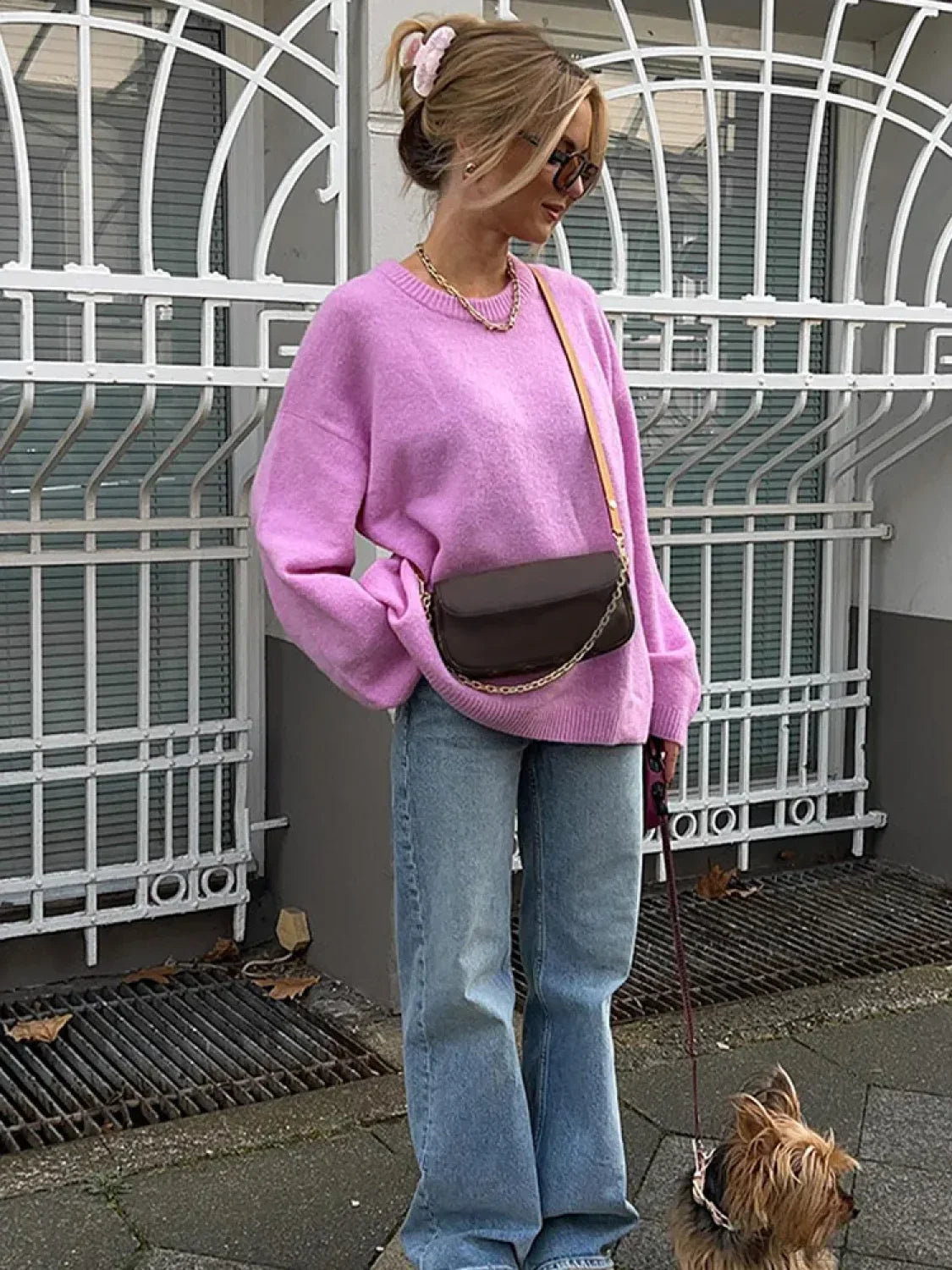 Rose Pink O - neck Lantern Sleeve Sweater image 5