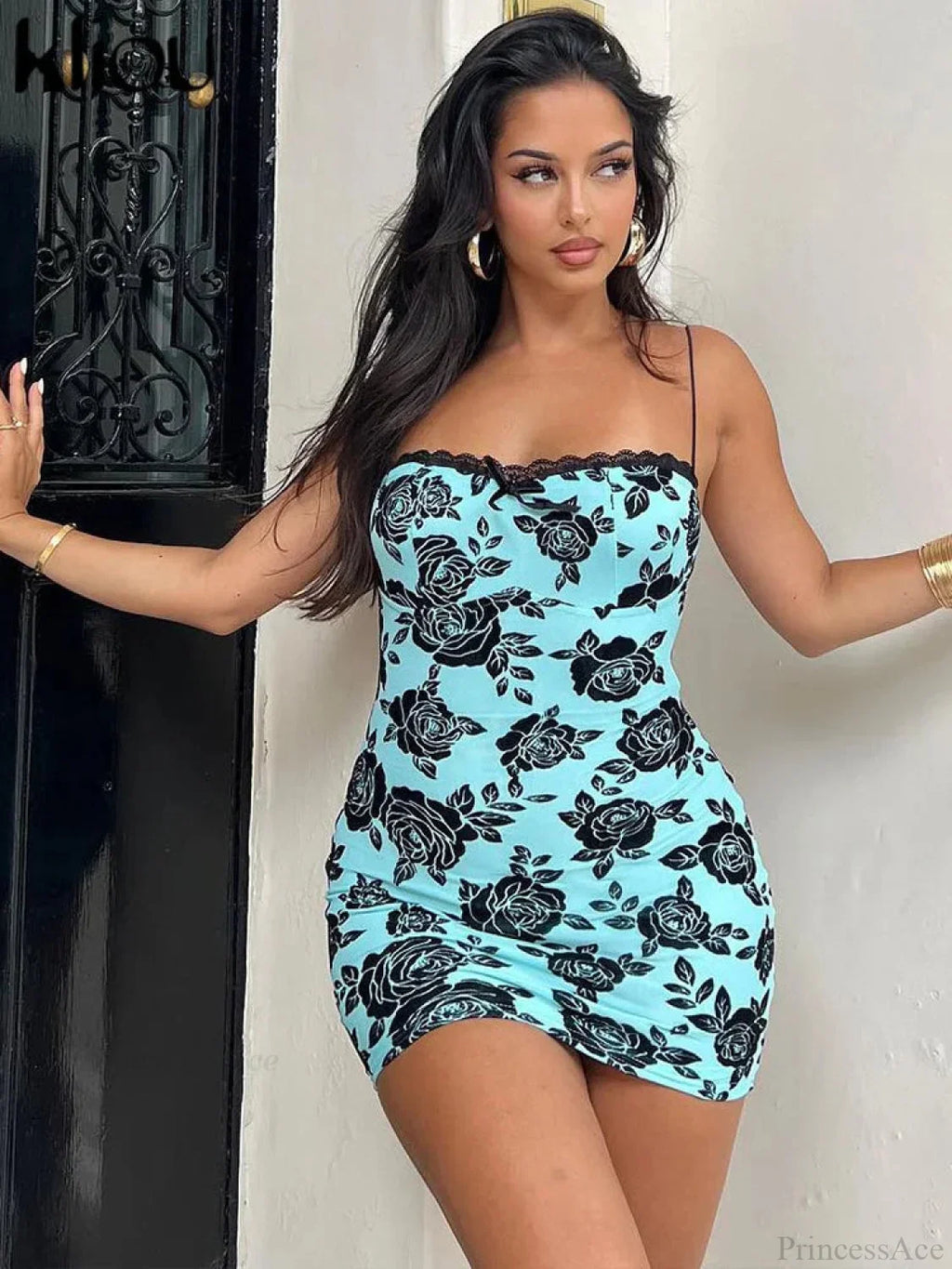 Rose Print Lace Patchwork Backless Bodycon Dress image 1