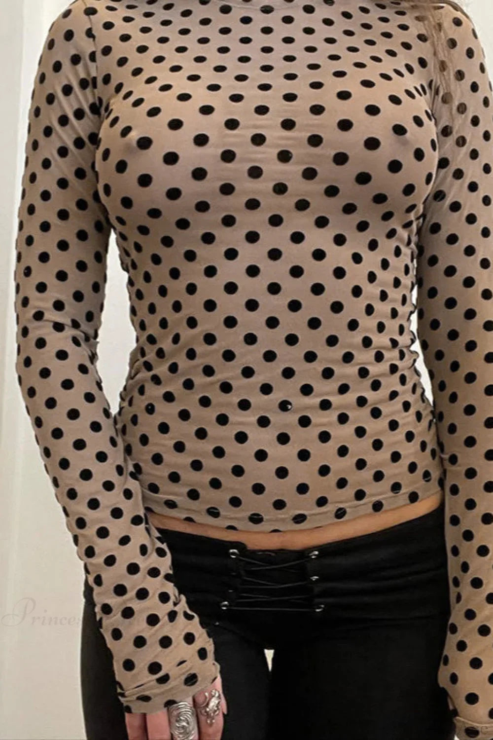 Round Neck Polka Dot Print Fitted Long Sleeve Tee image 3