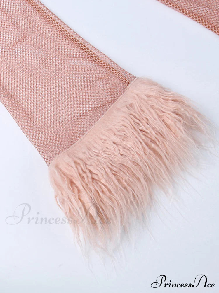 Round Splicing Neck Furry Hollow Mesh Glitter Arm Women's See-through Long Dress image 4