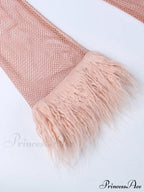 Round Splicing Neck Furry Hollow Mesh Glitter Arm Women's See-through Long Dress image 4