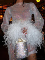 Round Splicing Neck Furry Hollow Mesh Glitter Arm Women's See-through Long Dress image 2