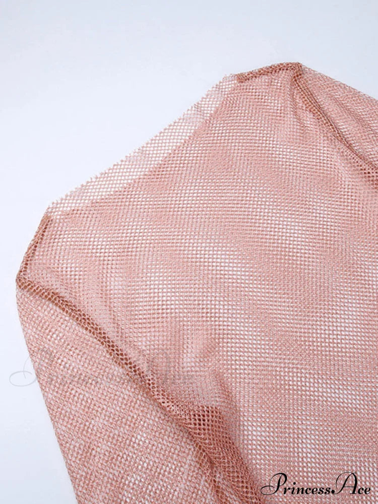 Round Splicing Neck Furry Hollow Mesh Glitter Arm Women's See-through Long Dress image 5