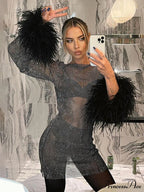 Round Splicing Neck Furry Hollow Mesh Glitter Arm Women's See-through Long Dress image 9