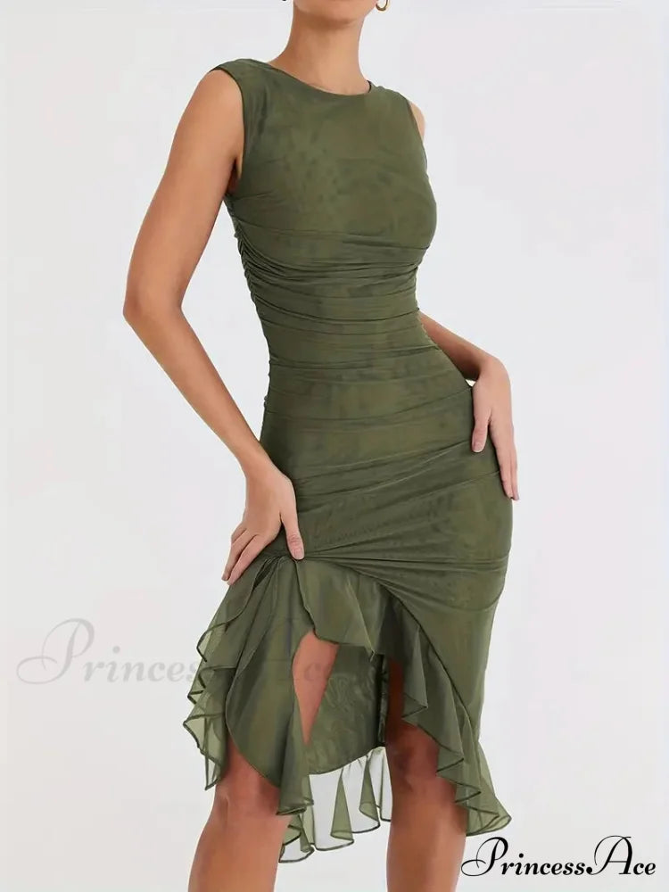 Ruched Backless Bodycon Dress with Ruffle Hem image 2