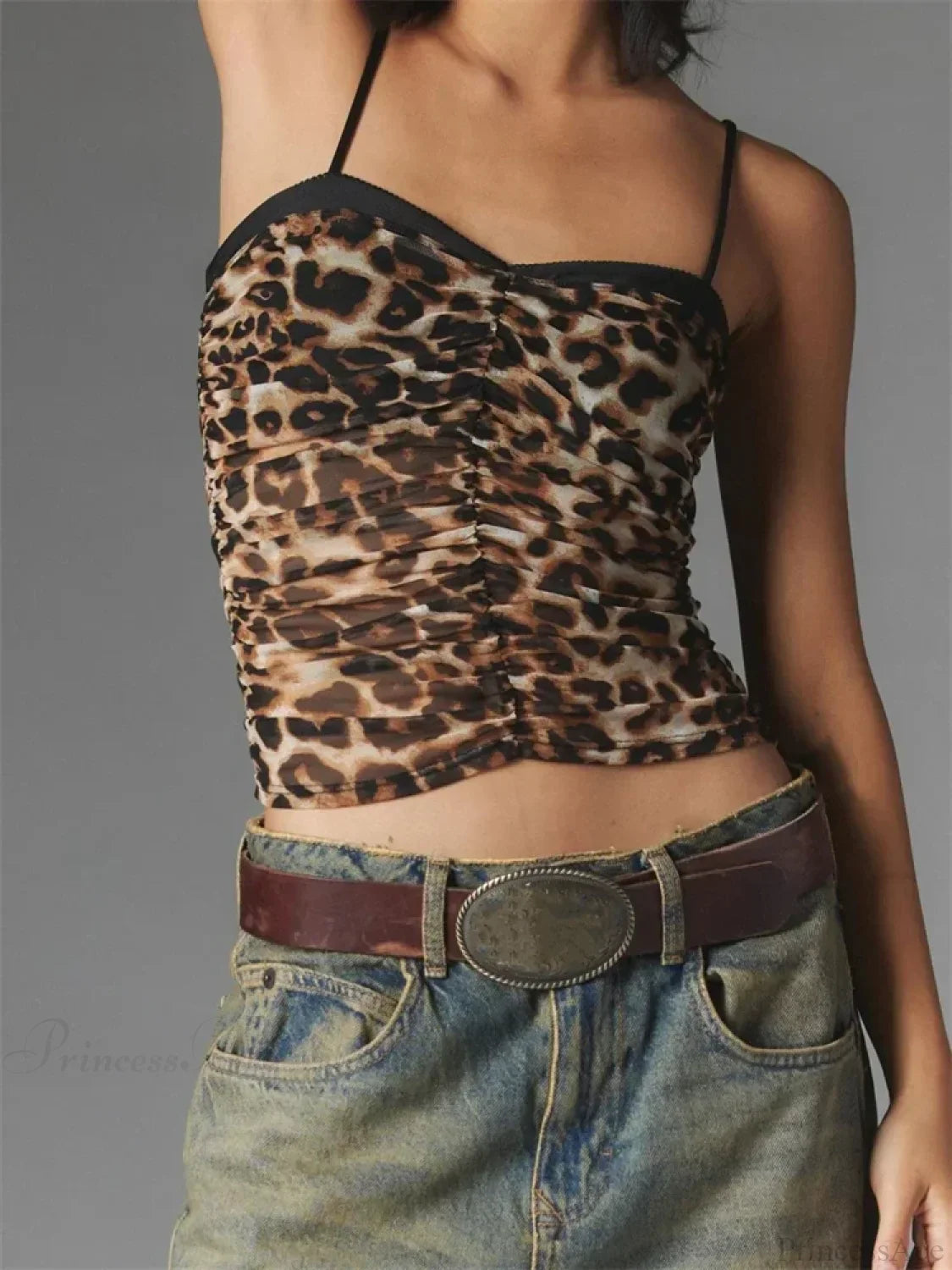 Ruched Floral Leopard Spaghetti Strap Crop Top image 5