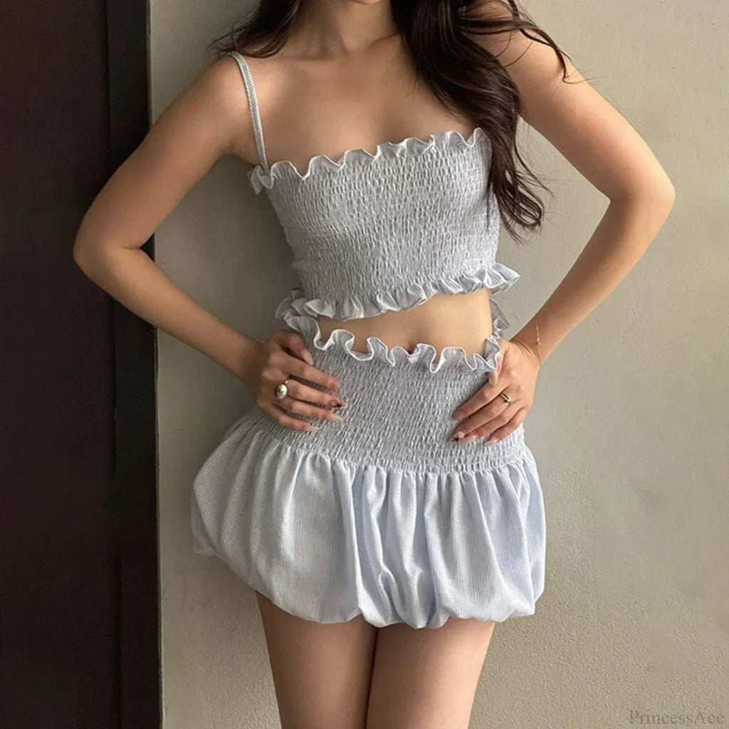 Ruched Plaid Cami Crop Top Mini Bubble Skirt Two Pieces Set image 1