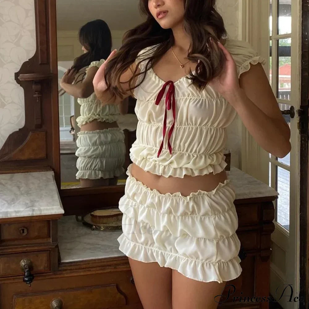 Ruched Short Sleeve Bow Graceful Top And Mini Skirt Set image 2