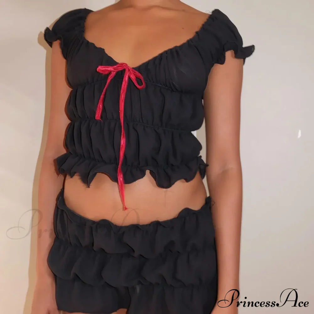 Ruched Short Sleeve Bow Graceful Top And Mini Skirt Set image 4