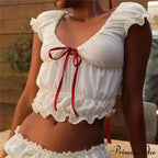 Ruched Short Sleeve Bow Graceful Top And Mini Skirt Set image 9